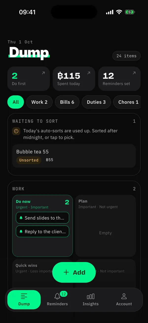 Everything on one page: Tasks, bills, appointments and spending, sorted for you, with tasks in four boxes by urgency.