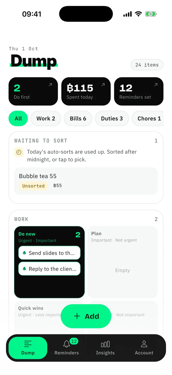 Everything on one page: Tasks, bills, appointments and spending, sorted for you, with tasks in four boxes by urgency.