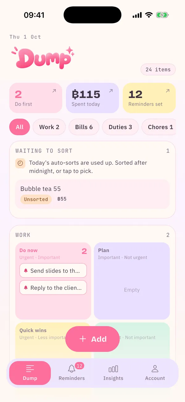 Everything on one page: Tasks, bills, appointments and spending, sorted for you, with tasks in four boxes by urgency.